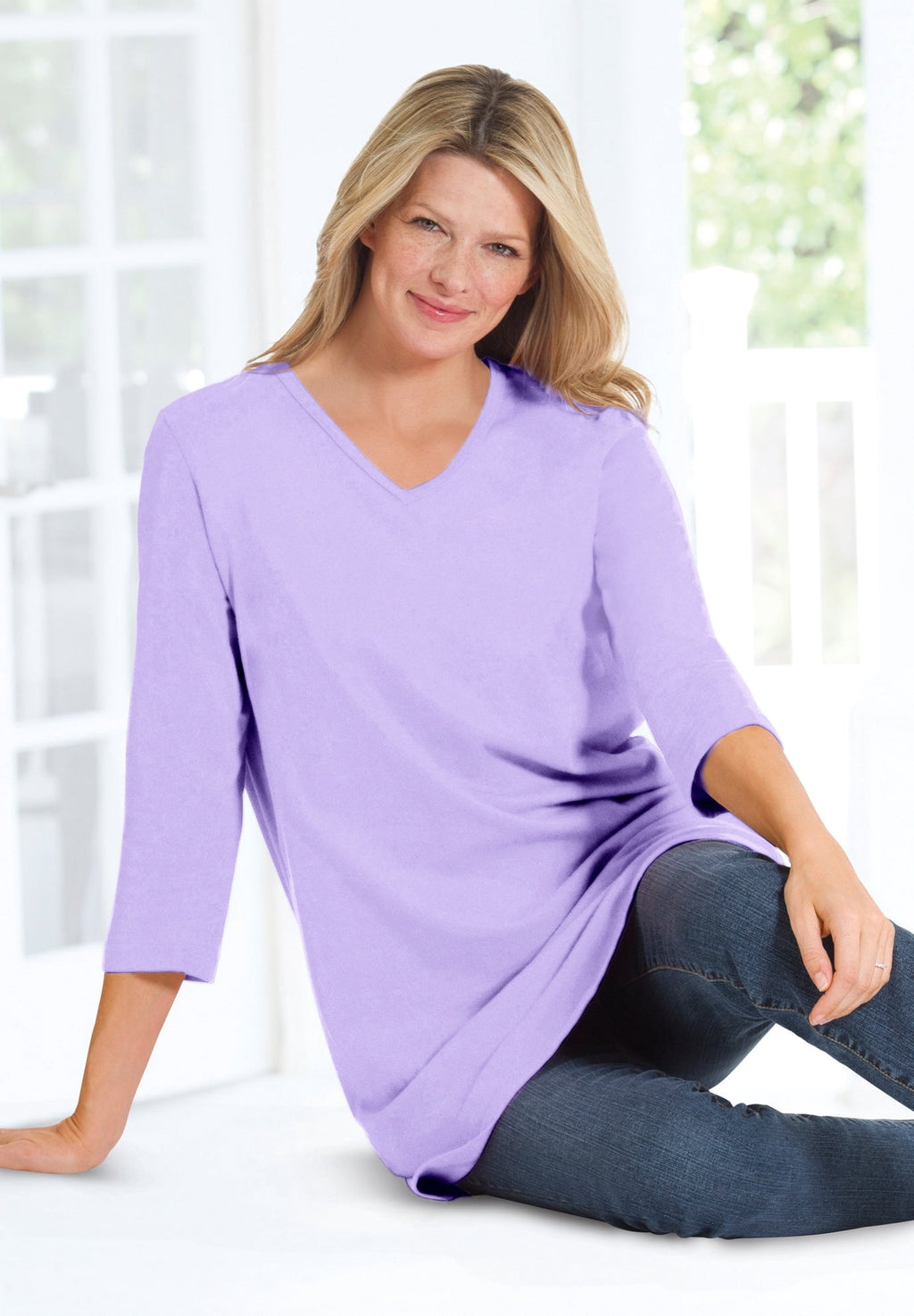 Woman Within Plus Size Perfect Three-Quarter Sleeve V-Neck Tunic