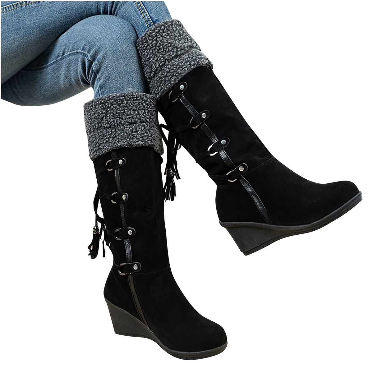 Women's Fashion Suede Wedge Boots Winter Warm Knee High Boots Buckle Tassel Side Zipper Booties Brown 35