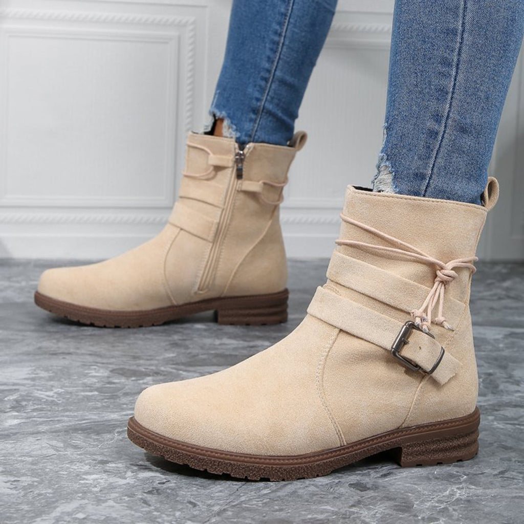 hopeusnice Women's Ankle Boots Suede Buckle Zipper Winter Booties Warm Flat Shoes Comfortable Low Heel Boots Beige 36