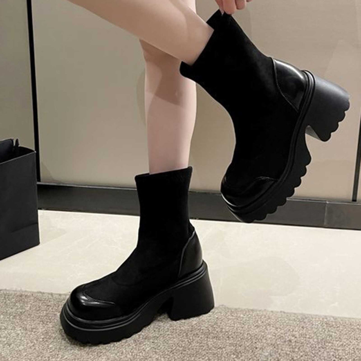 hopeusnice Women's Ankle Boots Chunky Heel Winter Warm Booties Suede Sock Boots Outdoor Fashion Shoes Winter Warm Boots Black 41