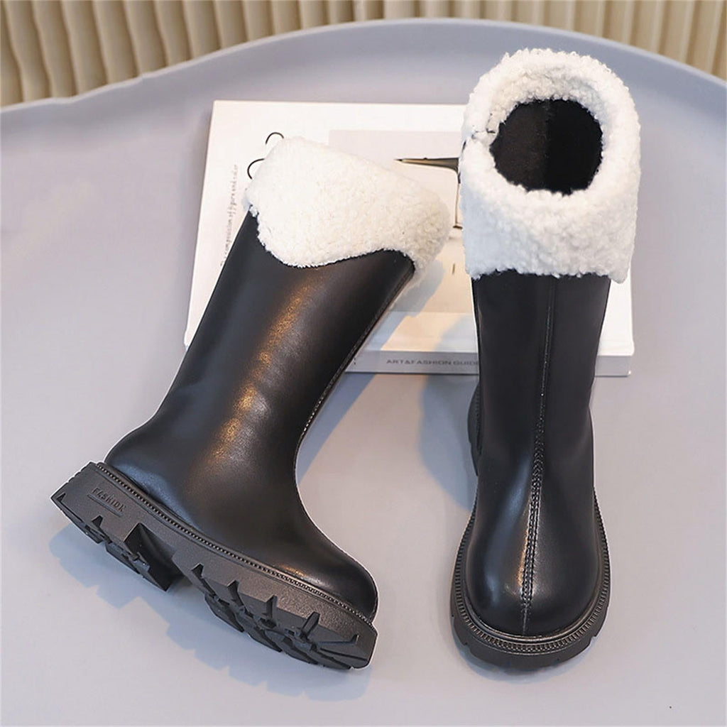 BXJX Girls Mid-Calf Boots, Fleece Lined Side Zipper Fall Winter Thermal Kids Riding Boots Black Size 2 Big Kids