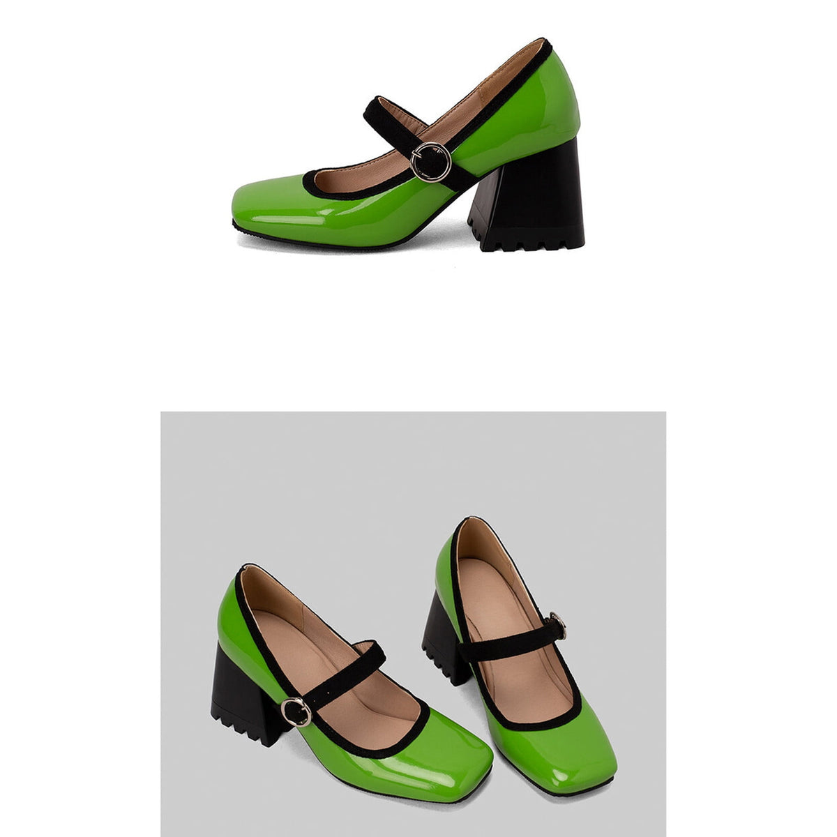 hopeusnice Women's Mary Jane Buckle Block Heel Pumps Square Toe Chunky Heel Dress Shoes Comfortable Formal Wedding Party Shoes Green 38