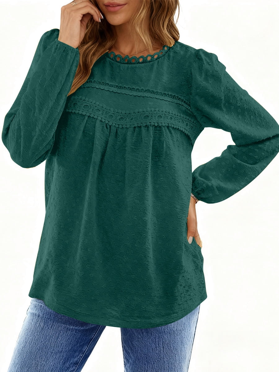 UVN Fall Shirts for Women Long Sleeve Blouses Ladies Crewneck Lace Crochet Tops Dressy Chiffon Blouses