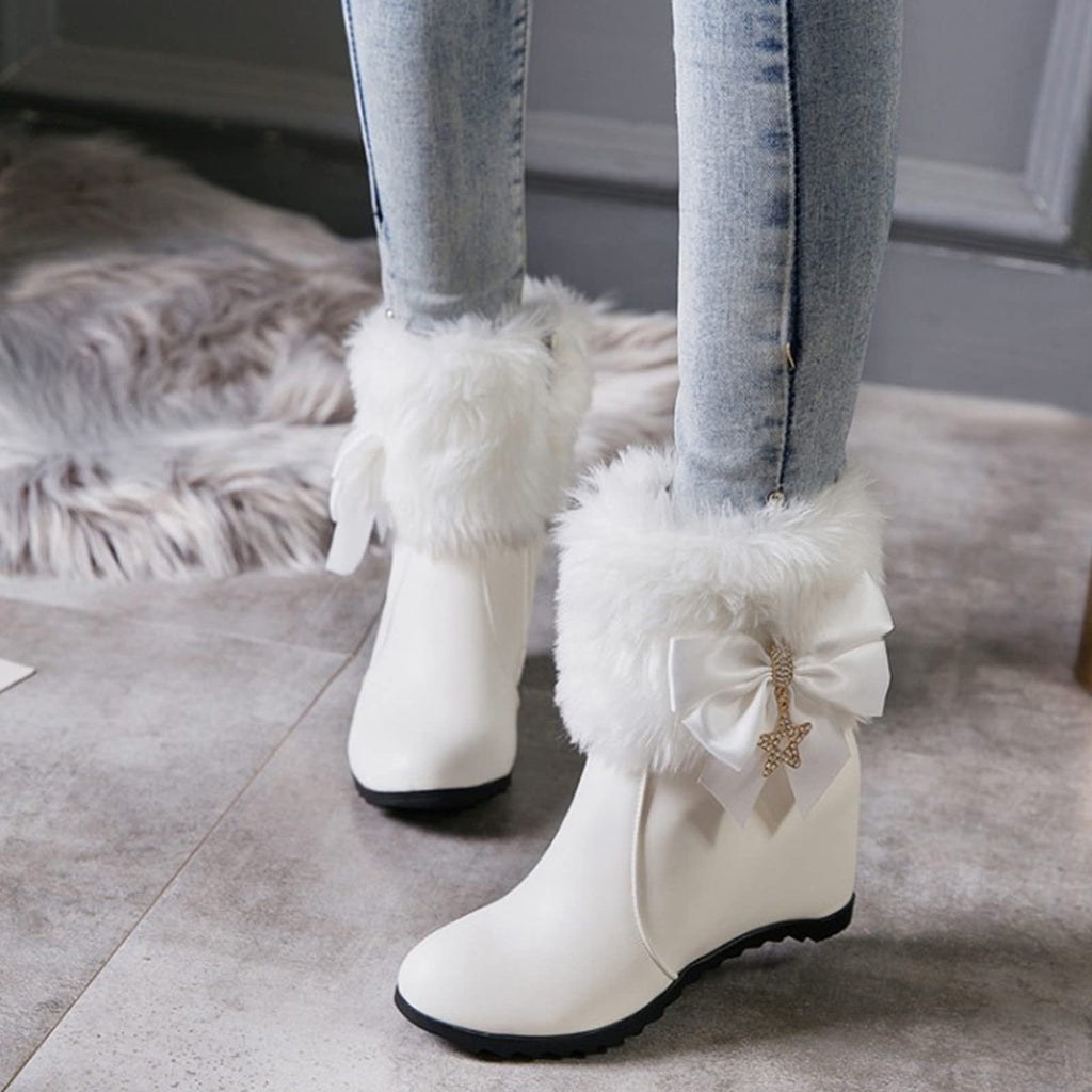 Women Winter Warm Hidden Wedge Snow Booties Leather Cute Bowknot Rhinestones Fuzzy Fleece Lined Thickening Side Zipper Ankle Boots White 39