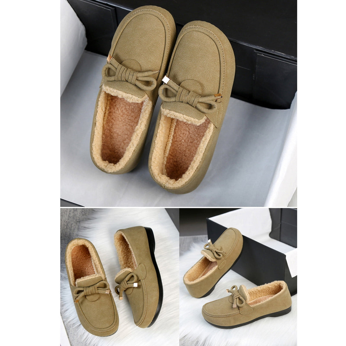 hopeusnice Women's Winter Fuzzy Fleece Lined Snow Boots Slip On Flat Shoes Warm Plush Bowknot Cozy Indoor Outdoor Flats Green 37
