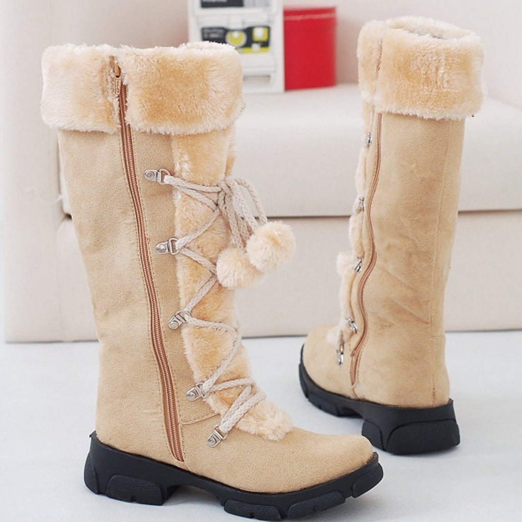 hopeusnice Women's Winter Boots Fuzzy Fleece Lined Knee High Snow Boots Warm Plush Lace Up Outdoor Ankle Boots Beige 36