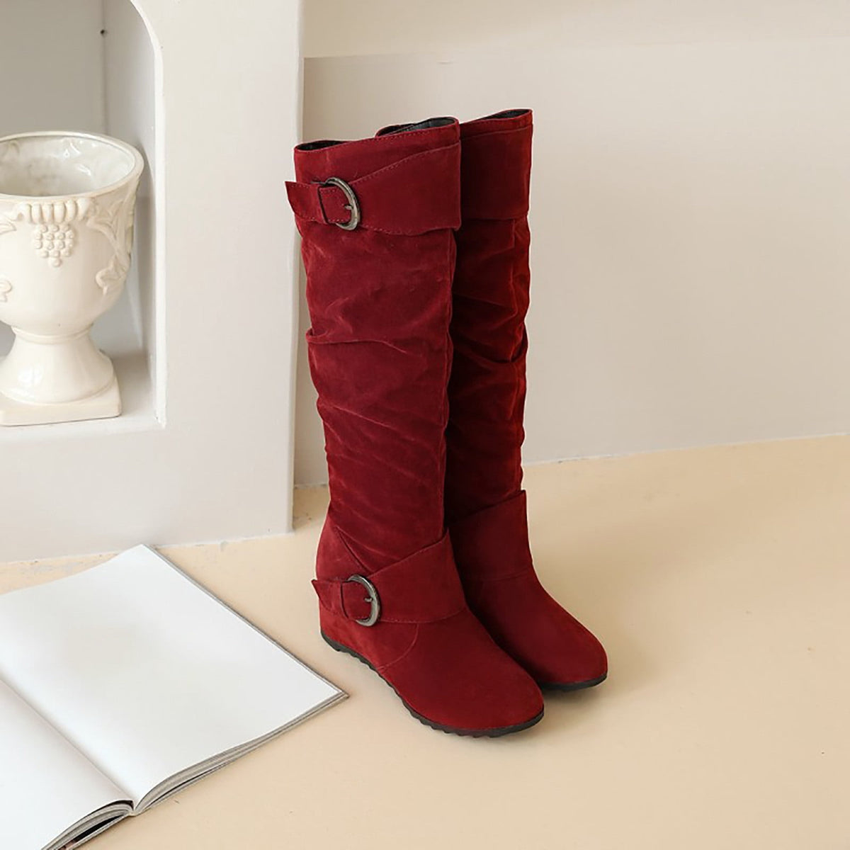 hopeusnice Women's Over The Knee Boots Suede Buckle Wedge Heel Winter Warm Boots Fashion Slouchy Boots Knee High Boots Brown 35