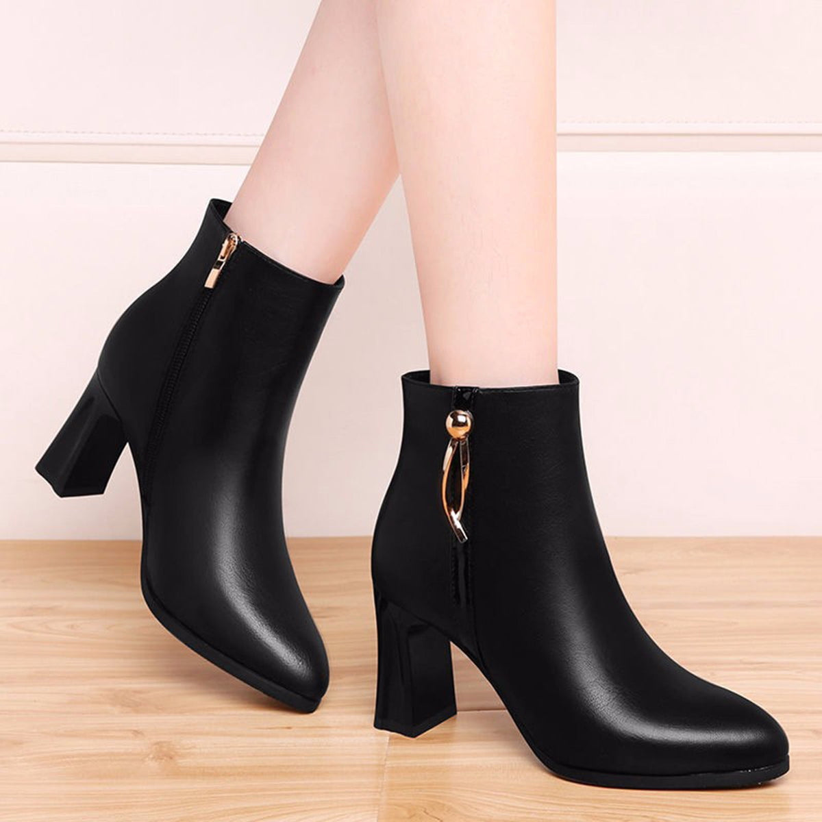 hopeusnice Women's Ankle Boots Pointed Toe Zipper Block Heel Booties Comfortable Leather Shoes Fall Winter Dressy Shoes Black 38