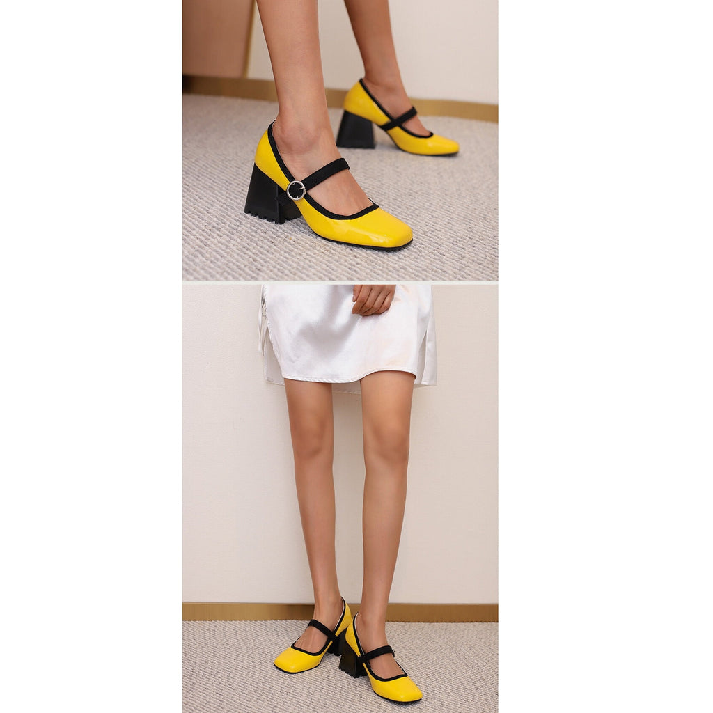 hopeusnice Women's Mary Jane Buckle Block Heel Pumps Square Toe Chunky Heel Dress Shoes Comfortable Formal Wedding Party Shoes Green 38