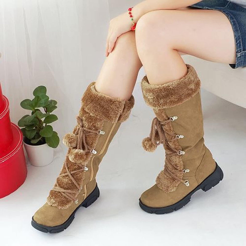 hopeusnice Women's Winter Boots Fuzzy Fleece Lined Knee High Snow Boots Warm Plush Lace Up Outdoor Ankle Boots Beige 36