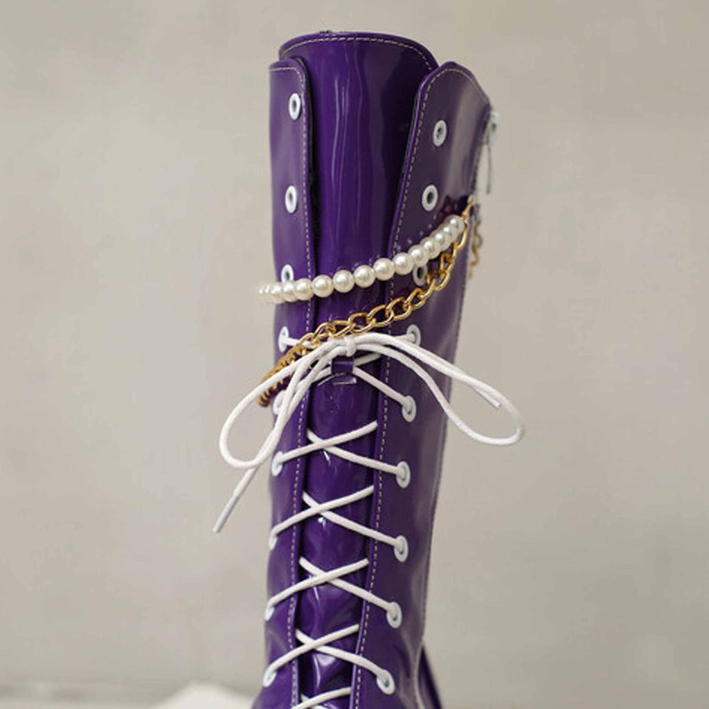hopeusnice Knee High Boots for Women Mid Calf Boots Chunky Block Heels Buckle Lace Up Boots Stylish Fall Winter Shoes Orange 36