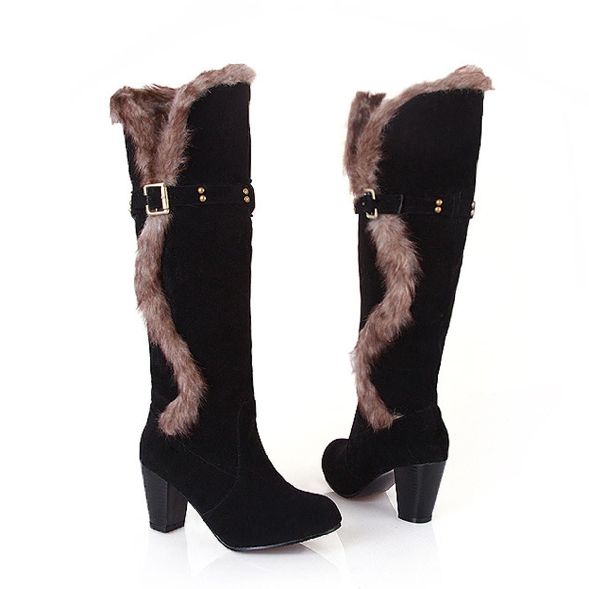 hopeusnice Women's Knee High Boots Fuzzy Fleece Lined Buckle Winter Warm Suede Boots Chunky Heel Comfortable Stylish Outdoor Snow Boots Black 36