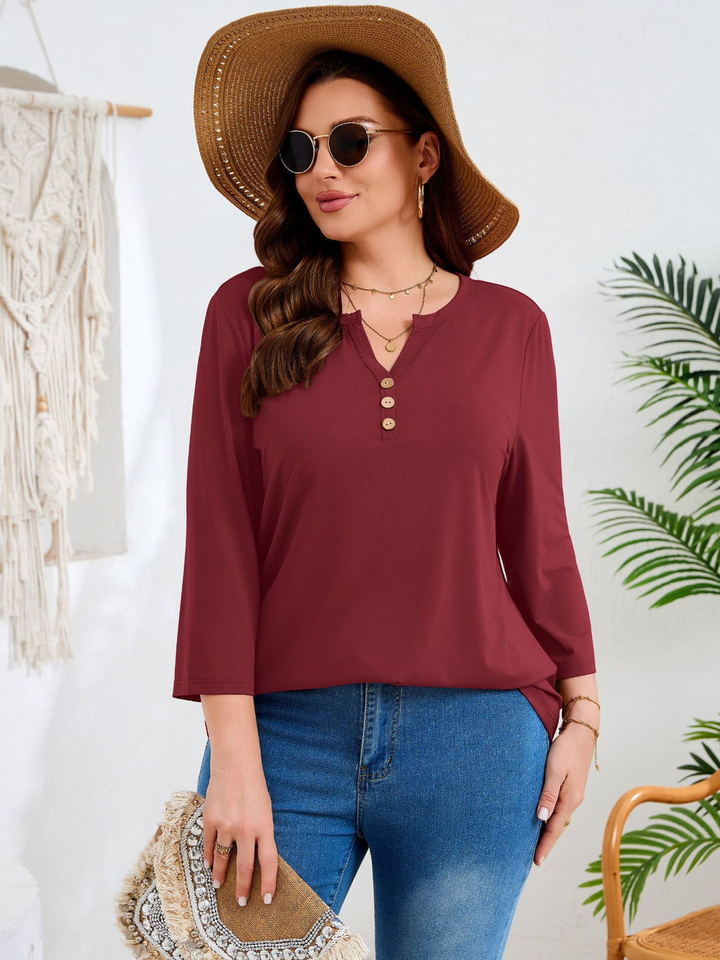 SHOWMALL Plus Size Tops for Women, 3/4 Sleeve Button V Neck Casual Tunic Blouse, Green, Size 4X