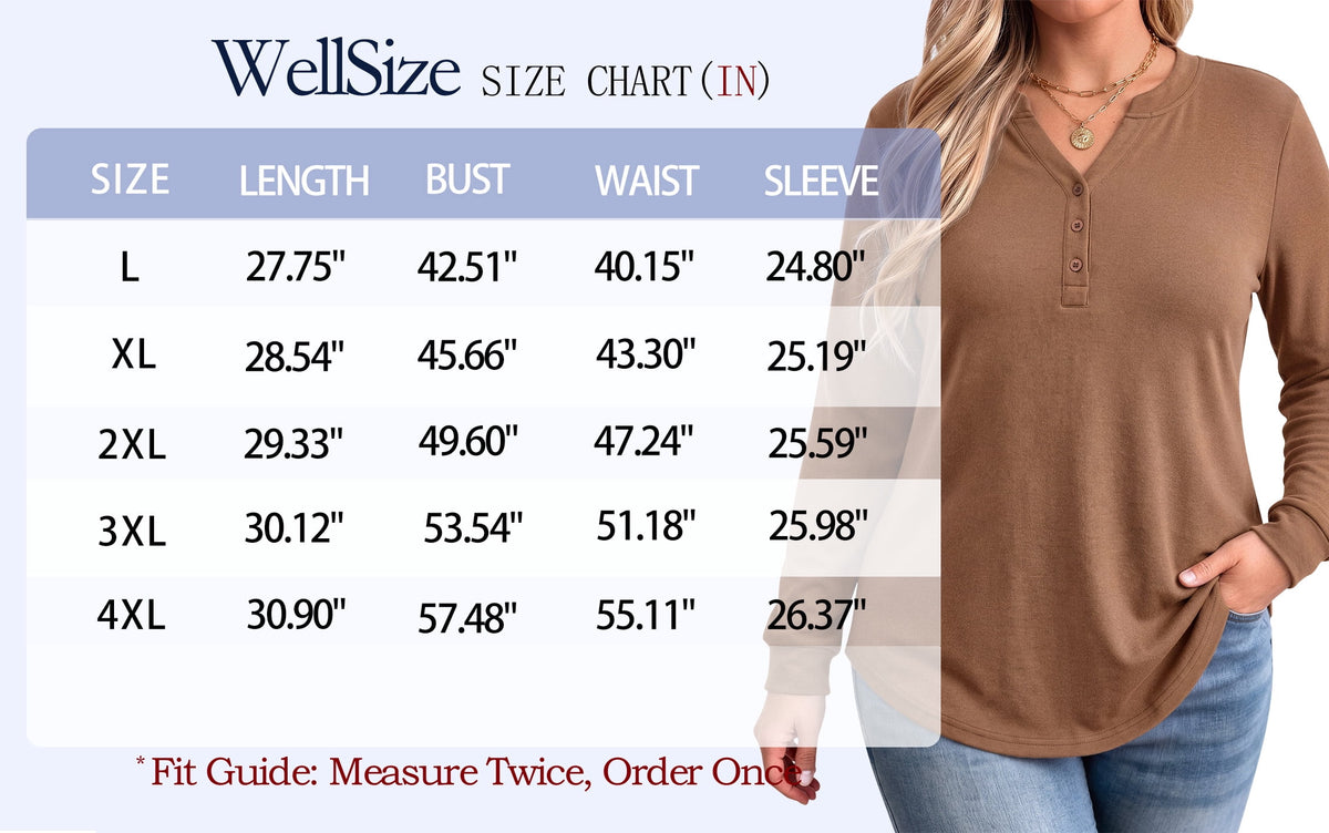 WellSize Plus Size Blouses for Women Henley V Neck Tops Casual Long Sleeve Button Shirts Fall Pullover Outfit