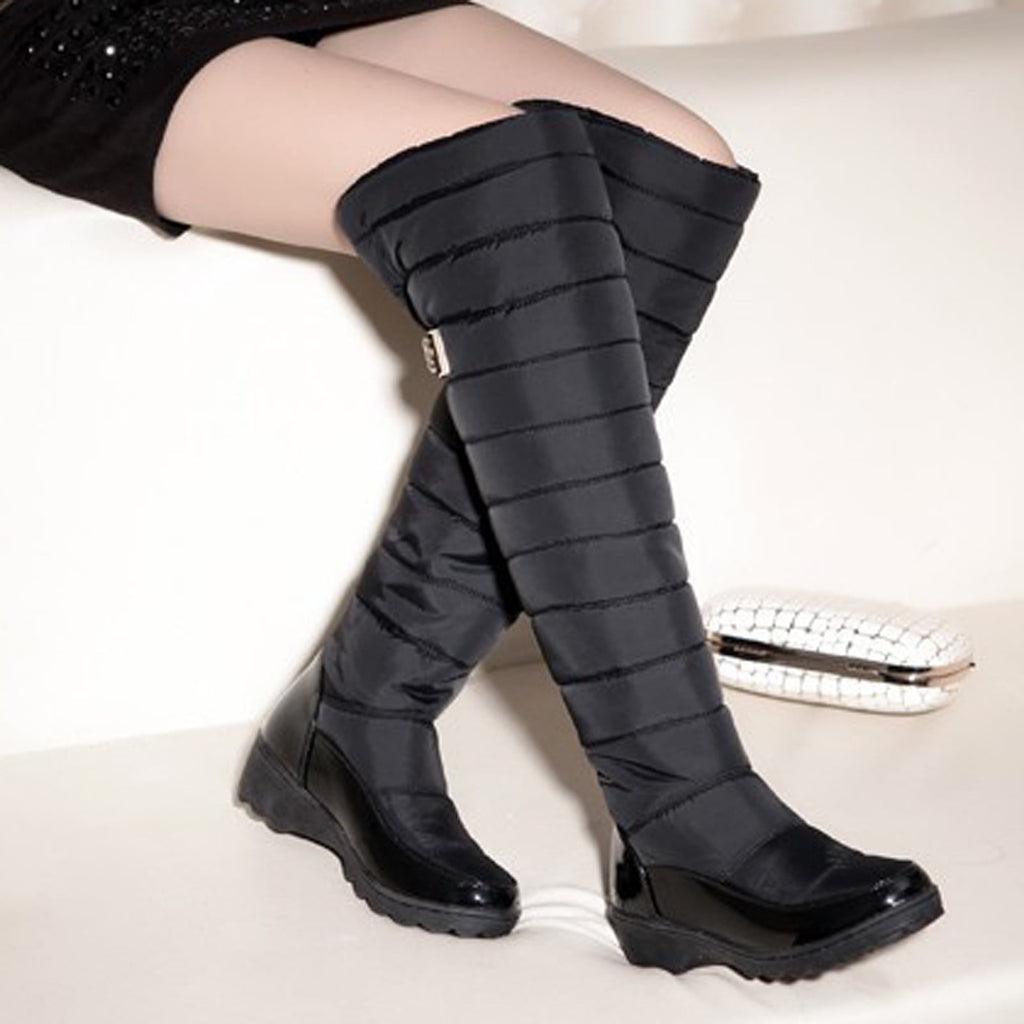 hopeusnice Women's Knee High Boots Winter Warm Snow Boots Padded Quilted Waterproof Boots Buckle Decor Comfortable Shoes Blue 40