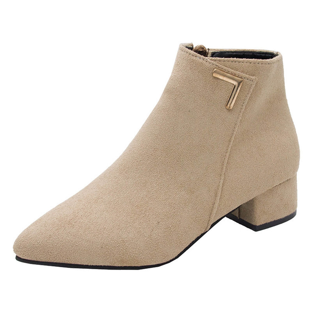 hopeusnice Women's Suede Ankle Boots Low Heel Pointed Toe Zipper Booties Comfortable Block Heel Dress Shoes Fall Winter Footwear Beige 42