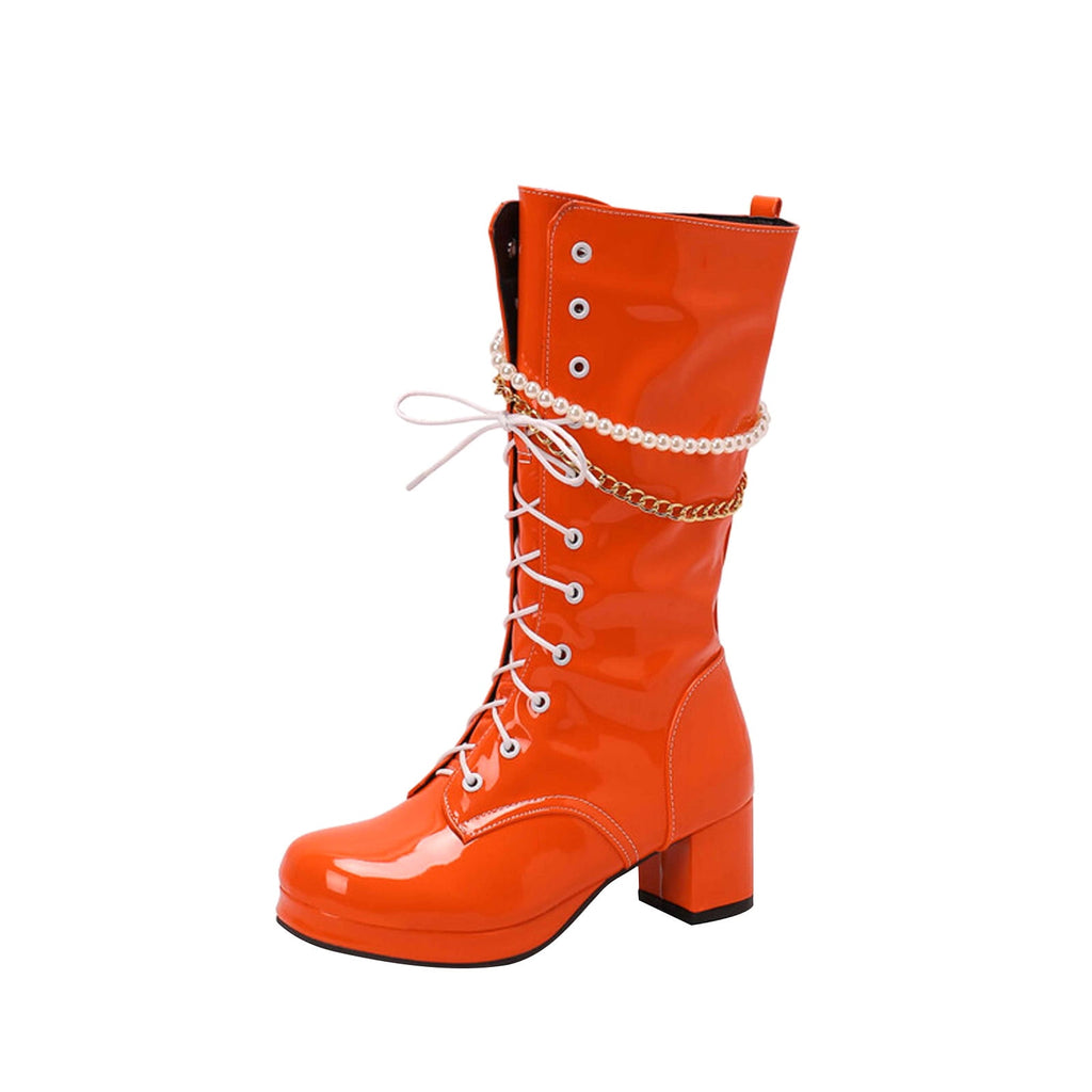 hopeusnice Knee High Boots for Women Mid Calf Boots Chunky Block Heels Buckle Lace Up Boots Stylish Fall Winter Shoes Orange 36