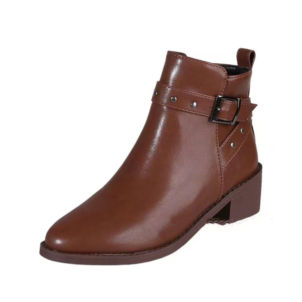 hopeusnice Women's Ankle Boots Buckle Low Heel Pointed Toe Faux Leather Short Boots Block Heel Zipper Comfortable Shoes Brown 39