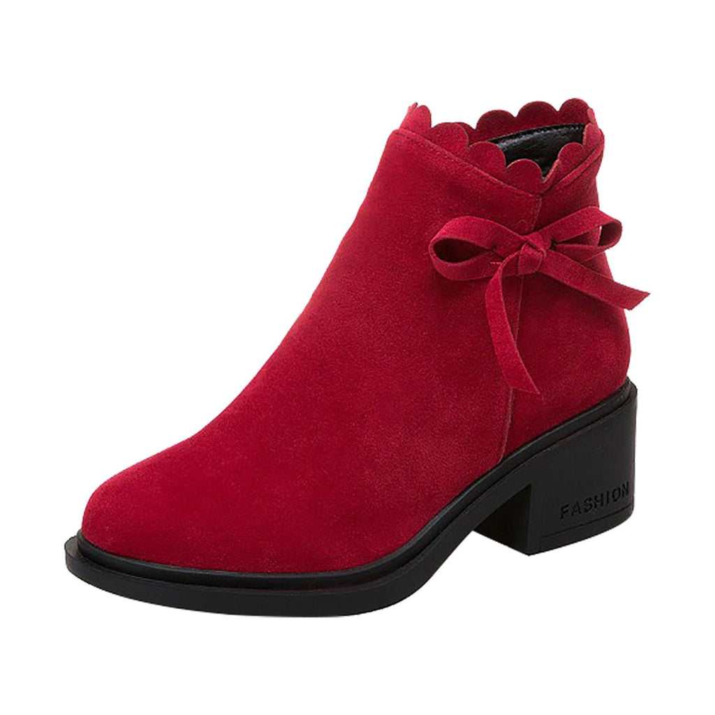 hopeusnice Women's Ankle Boots Suede Bowknot Block Heel Booties Round Toe Zipper Back Short Boots Winter Warm Comfortable Shoes Red 35