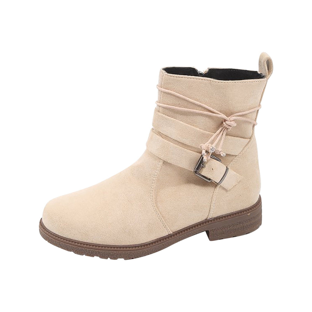hopeusnice Women's Ankle Boots Suede Buckle Zipper Winter Booties Warm Flat Shoes Comfortable Low Heel Boots Beige 36
