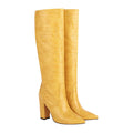hopeusnice Women's Knee High Boots Pointed Toe Block Heel Over The Knee Boots Faux Leather Chunky Heel Dress Boots Elegant Fall Winter Shoes Yellow 45
