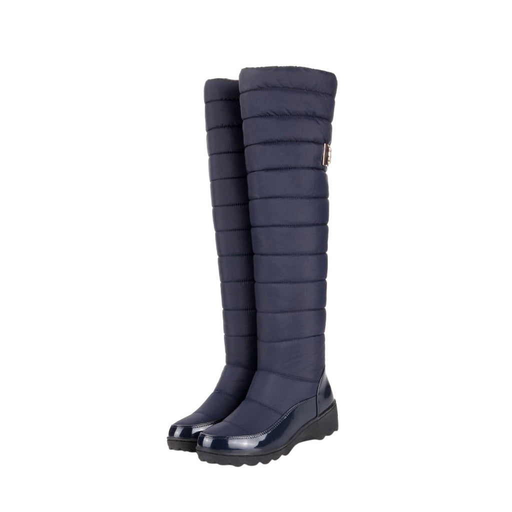 hopeusnice Women's Knee High Boots Winter Warm Snow Boots Padded Quilted Waterproof Boots Buckle Decor Comfortable Shoes Blue 40