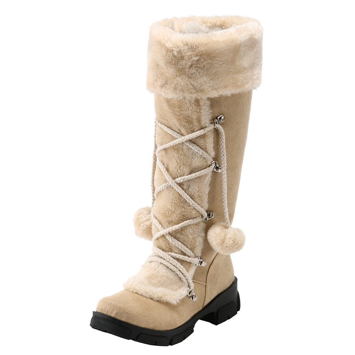 hopeusnice Women's Winter Boots Fuzzy Fleece Lined Knee High Snow Boots Warm Plush Lace Up Outdoor Ankle Boots Beige 36