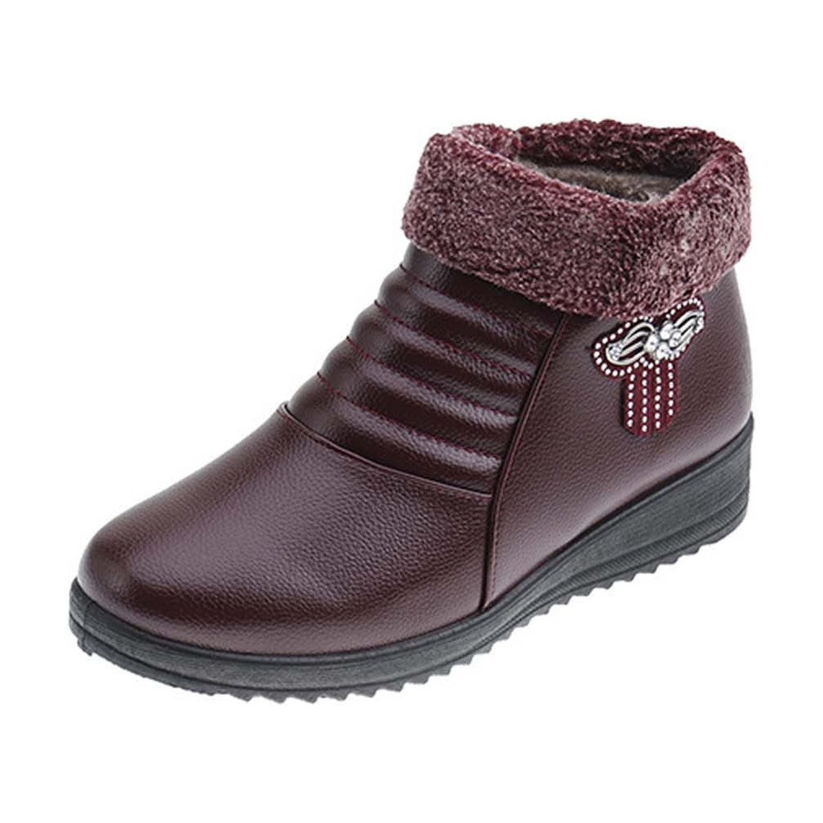 hopeusnice Women's Winter Boots Fuzzy Fleece Lined Warm Ankle Booties Slip On Plush Comfortable Non Slip Wedge Heel Shoes Wine 37